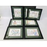 7 FRAMED AND MOUNTED HUMEROUS DENTAL CARTOON PRINTS BEARING SIGNATURE TO MARGIN