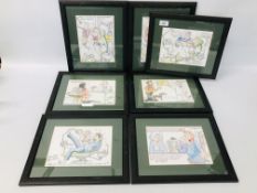 7 FRAMED AND MOUNTED HUMEROUS DENTAL CARTOON PRINTS BEARING SIGNATURE TO MARGIN