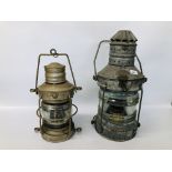 TWO VINTAGE SHIPS MAST HEAD LIGHTS / LANTERNS TO INCLUDE ORIGINAL MAKERS LABELS NEPTUNE AND ANCHOR.