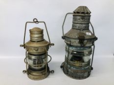 TWO VINTAGE SHIPS MAST HEAD LIGHTS / LANTERNS TO INCLUDE ORIGINAL MAKERS LABELS NEPTUNE AND ANCHOR.