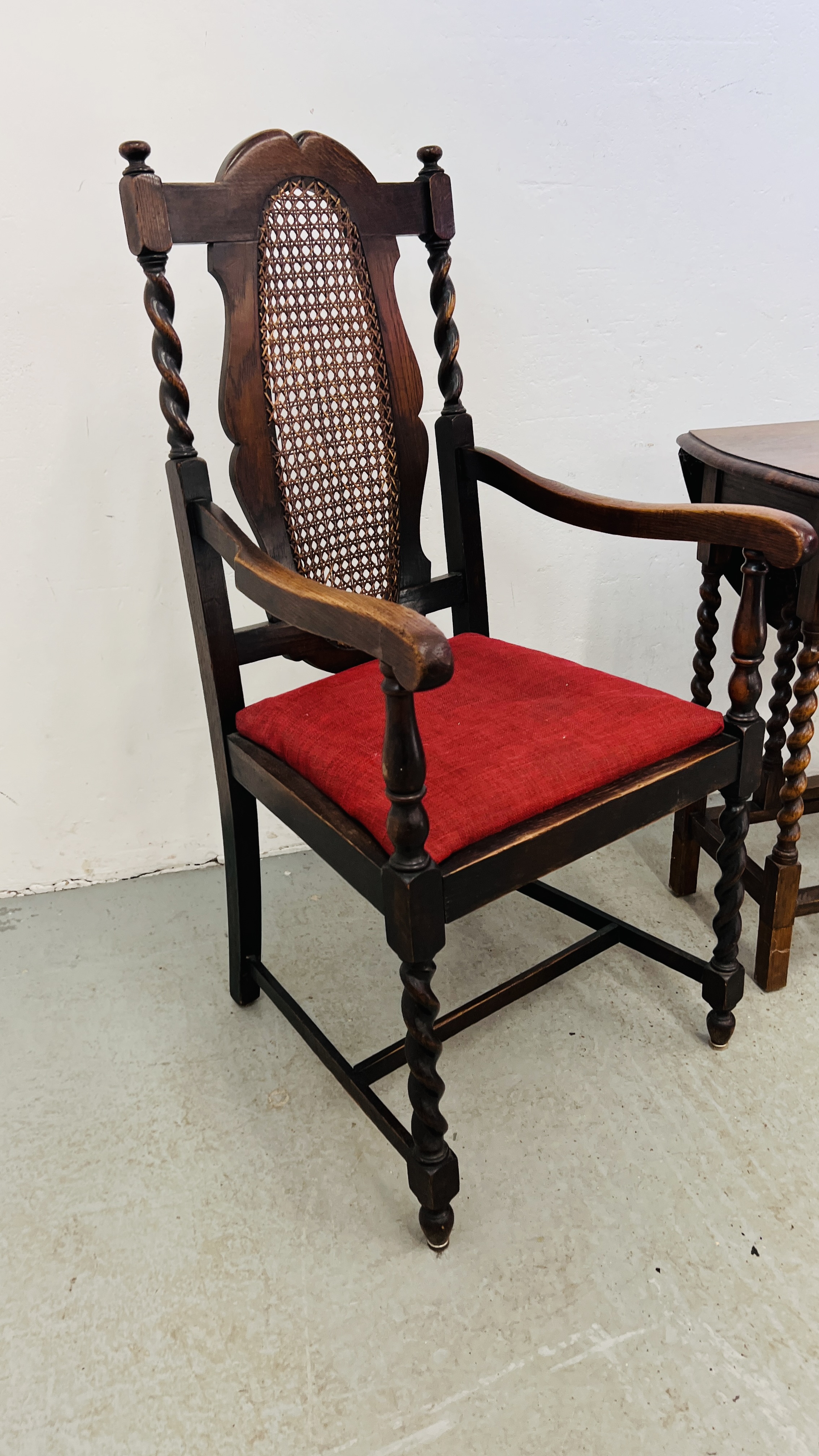 PAIR OF OAK BARLEY TWIST ELBOW CHAIRS WITH RATTAN WORK TO BACK PANELS AND SMALL OAK BARLEY TWIST - Image 3 of 14