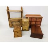 COLLECTION OF VINTAGE WOODEN CABINETS TO INCLUDE SPICE CUPBOARD WITH CARVED RELIEF PANEL,
