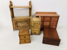 COLLECTION OF VINTAGE WOODEN CABINETS TO INCLUDE SPICE CUPBOARD WITH CARVED RELIEF PANEL,