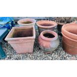 4 X LARGE TERRACOTTA GARDEN PLANTERS, VARIOUS DESIGNS (AVERAGE HEIGHT 40CM).