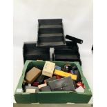 BOX OF ASSORTED JEWELLERY BOXES + 3 WOODEN DISPLAY STANDS.