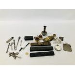 BOX OF COLLECTIBLES TO INCLUDE CUT THROAT RAZORS, BRASS PAPER CLIP, SILVER FRAME SCENT BOTTLE,
