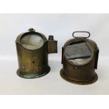 TWO VINTAGE COPPER AND BRASS BINNACLES ONE HAVING ORIGINAL COMPASS.