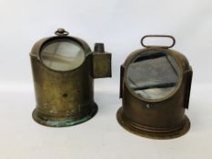 TWO VINTAGE COPPER AND BRASS BINNACLES ONE HAVING ORIGINAL COMPASS.