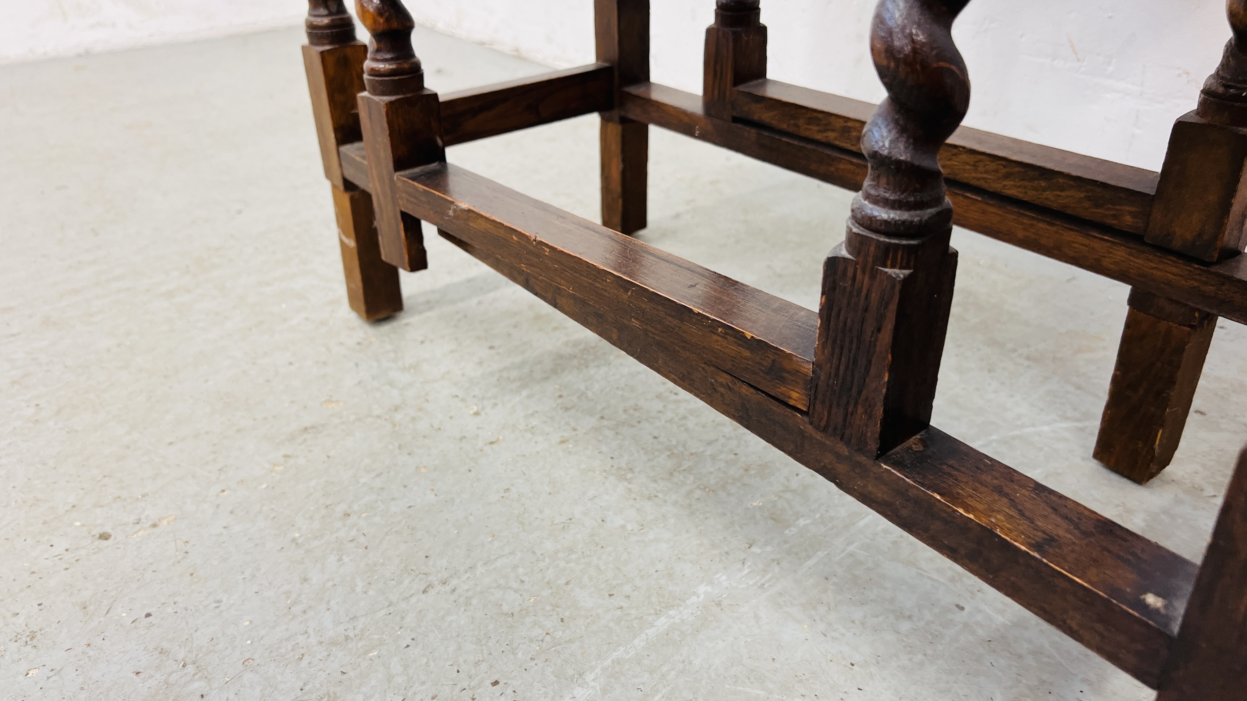 PAIR OF OAK BARLEY TWIST ELBOW CHAIRS WITH RATTAN WORK TO BACK PANELS AND SMALL OAK BARLEY TWIST - Image 14 of 14