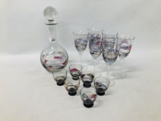 A SET OF 6 MILANO STYLE WINE GLASSES WITH MOSAIC DESIGN + WINE DECANTER & 6 SHOT GLASSES OF