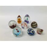COLLECTION OF EIGHT ASSORTED ART GLASS PAPERWEIGHTS