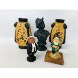 PAIR OF PLAZA WARE VASES, POTTERY BUST,
