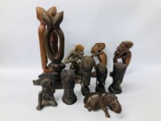 BOX OF ETHNIC HARDWOOD CARVINGS, BUSTS AND A HIPPO, ETC.