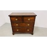 AN ANTIQUE LATE GEORGIAN OAK TWO OVER TWO CHEST OF DRAWERS, CROSSBANDED IN MAHOGANY,