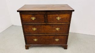 AN ANTIQUE LATE GEORGIAN OAK TWO OVER TWO CHEST OF DRAWERS, CROSSBANDED IN MAHOGANY,