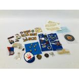 COLLECTION OF BADGES TO INCLUDE MOSTLY MOTORING RELATED AND JAGUAR BUTTONS, ETC.