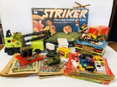 A COLLECTION OF RETRO TOYS AND COMICS TO INCLUDE LUMAR MODEL CRANE, TRIANG HORNBY TUNNEL,