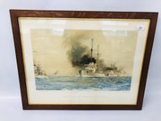 A FRAMED AND MOUNTED HAND COLOURED LITHOGRAPH OF "THE SURRENDER OF THE GERMAN HIGH SEAS FLEET"