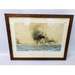 A FRAMED AND MOUNTED HAND COLOURED LITHOGRAPH OF "THE SURRENDER OF THE GERMAN HIGH SEAS FLEET"