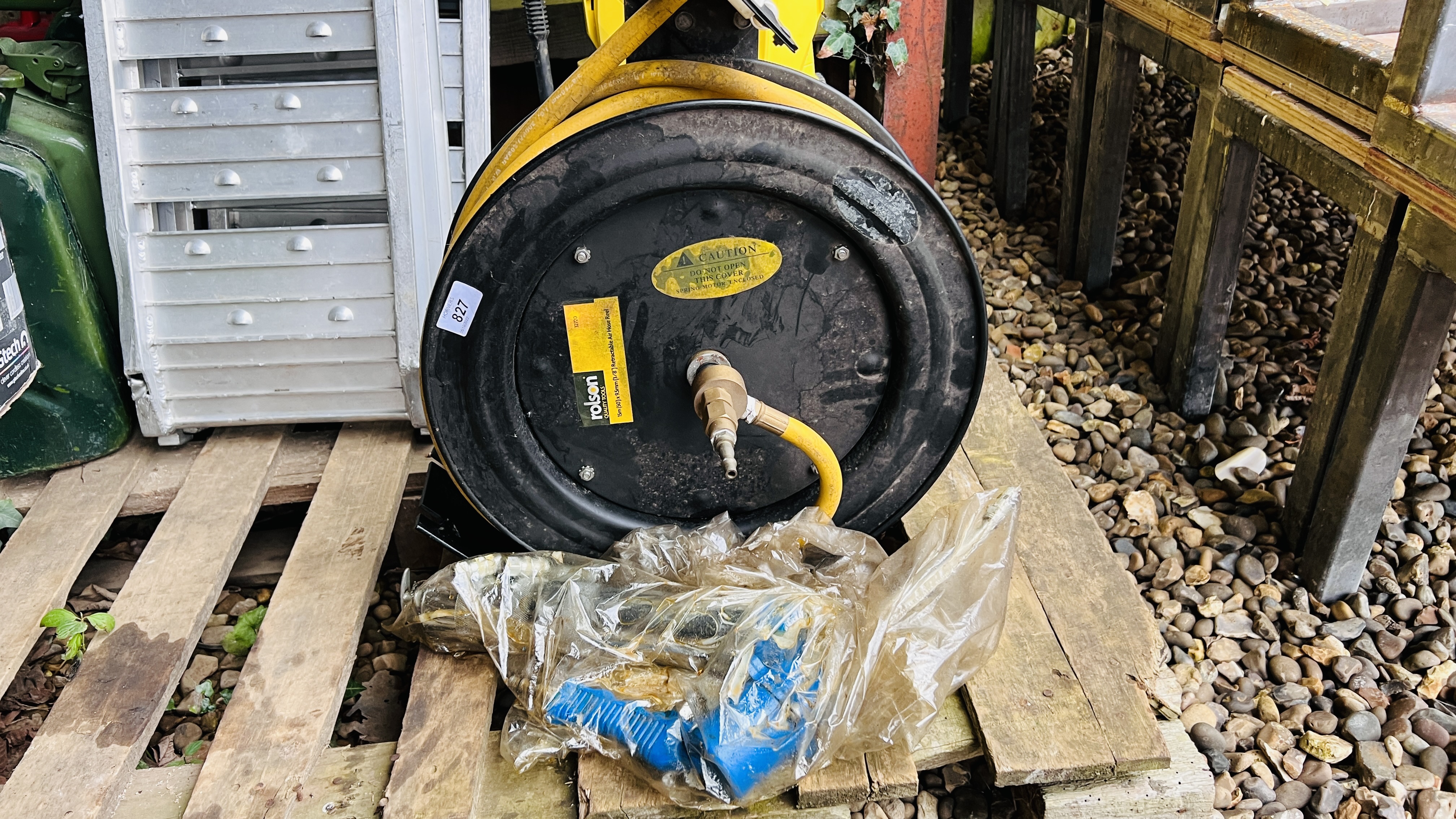 ROLSON 15 METER RETRACTABLE AIR HOSE REEL AS CLEARED ALONG WITH GREASE GUN