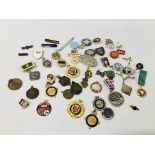 COLLECTION OF BADGES TO INCLUDE ENAMELLED SPORTING AND SILVER, ETC.