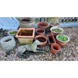 A GROUP OF TWELVE VARIOUS GARDEN PLANTERS TO INCLUDE TERRACOTTA AND STONEWARE PLUS A STONEWORK GREY