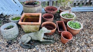 A GROUP OF TWELVE VARIOUS GARDEN PLANTERS TO INCLUDE TERRACOTTA AND STONEWARE PLUS A STONEWORK GREY