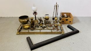 LARGE COLLECTION OF MIXED BRASSWARE INCLUDING URNS, CANON, BOWL, NUT CRACKER, KETTLE, FIRE IRONS,