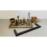 LARGE COLLECTION OF MIXED BRASSWARE INCLUDING URNS, CANON, BOWL, NUT CRACKER, KETTLE, FIRE IRONS,