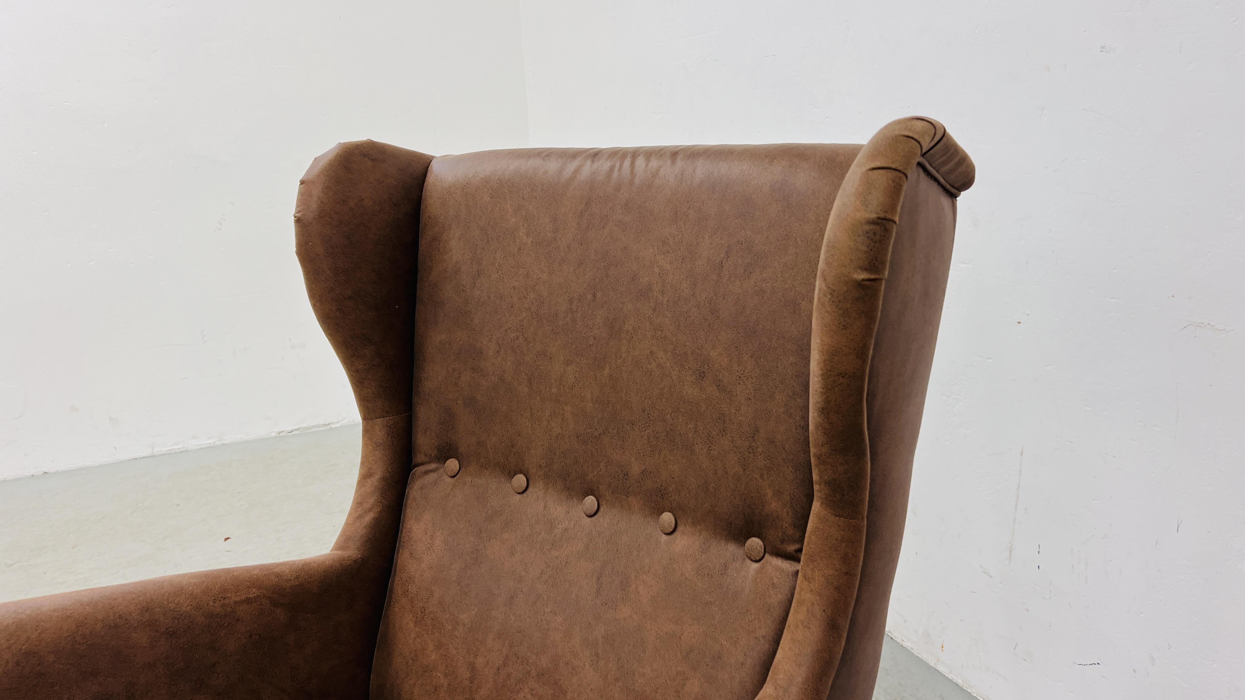 A MODEERN IKEA DESIGNER WINGED ARM CHAIR FAUX BROWN SUEDE UPHOLSTERTY - Image 2 of 7