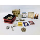 BOX OF COLLECTIBLES TO INCLUDE CUFFLINKS, FOUR MINIATURE REPRODUCTION ENAMELLED SIGNS,