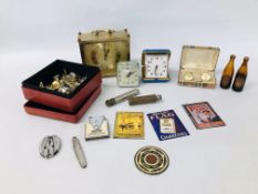 BOX OF COLLECTIBLES TO INCLUDE CUFFLINKS, FOUR MINIATURE REPRODUCTION ENAMELLED SIGNS,