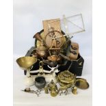 BOX OF ASSORTED VINTAGE MIXED METAL WARES TO INCLUDE TWO HANDLED COPPER PAN, COFFEE POT AND HORN,