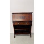 ANTIQUE OAK NARROW FALL FRONT BUREAU WITH SINGLE DRAWER AND SHELF BELOW W 76CM X D 30CM X H 103CM