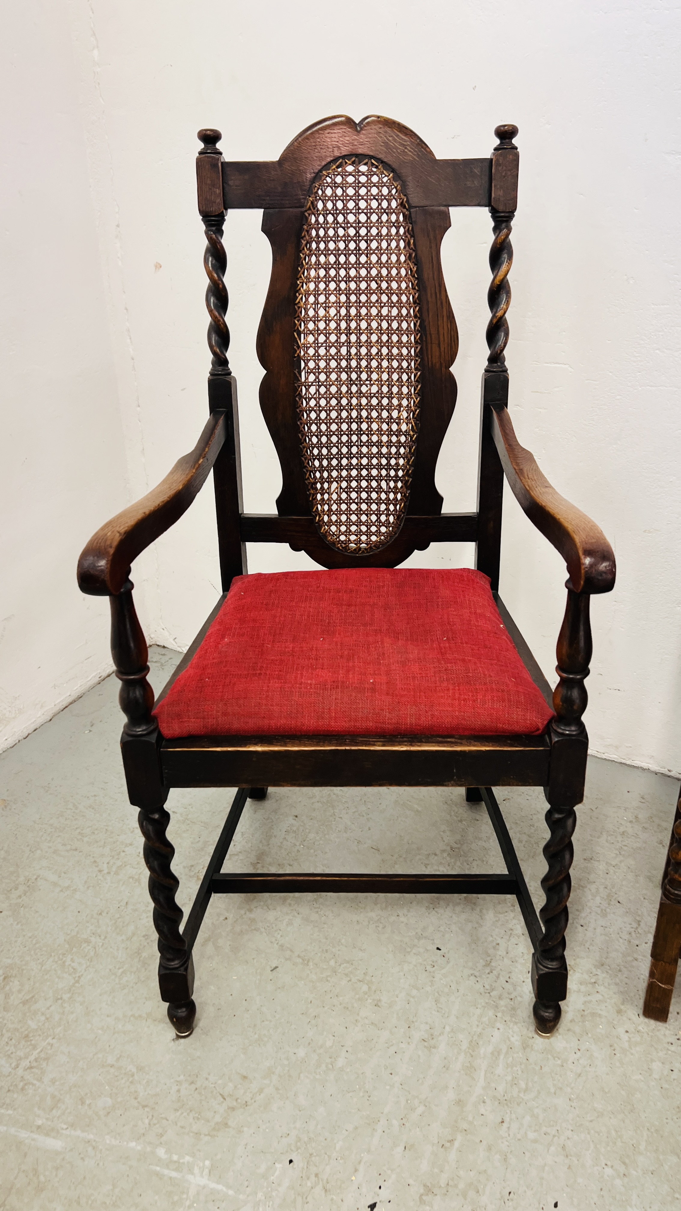 PAIR OF OAK BARLEY TWIST ELBOW CHAIRS WITH RATTAN WORK TO BACK PANELS AND SMALL OAK BARLEY TWIST - Image 2 of 14