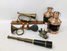 BOX OF COLLECTABLE'S TO INCLUDE MILITARY BRASS HORNS, MODERN PORT AND STARBOARD LAMPS,
