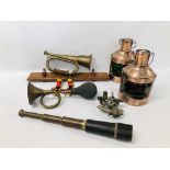 BOX OF COLLECTABLE'S TO INCLUDE MILITARY BRASS HORNS, MODERN PORT AND STARBOARD LAMPS,