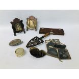 BOX OF COLLECTIBLES TO INCLUDE SIX BLACK AND WHITE GLASS SLIDES, ENAMELLED PIN CUSHION,