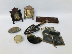 BOX OF COLLECTIBLES TO INCLUDE SIX BLACK AND WHITE GLASS SLIDES, ENAMELLED PIN CUSHION,