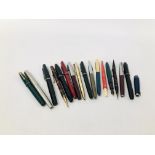 COLLECTION OF 15 ASSORTED VINTAGE PENS AND PENCILS TO INCLUDE FYNE POYNT, OSMIROID, PARKER, CONWAY,