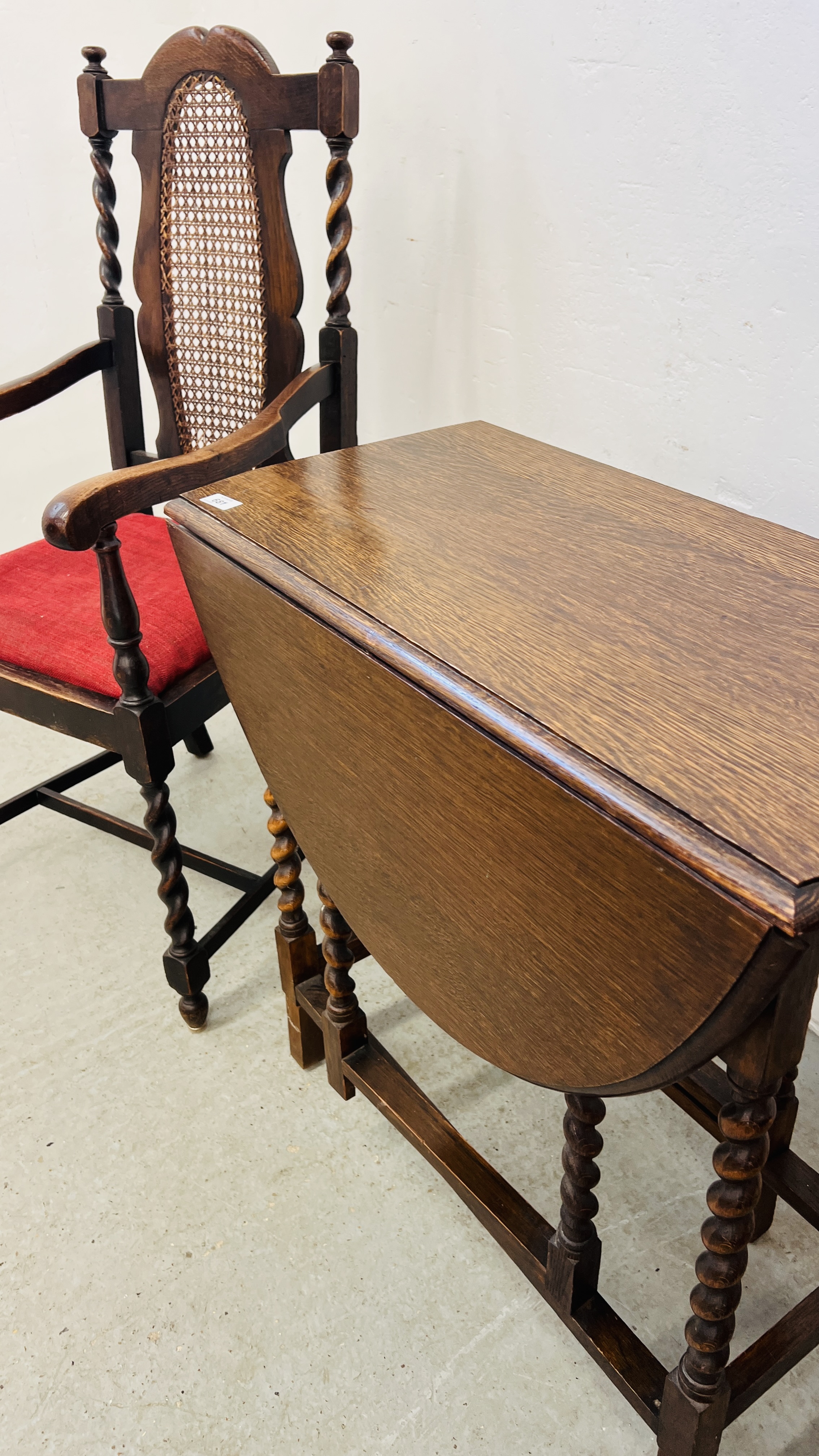 PAIR OF OAK BARLEY TWIST ELBOW CHAIRS WITH RATTAN WORK TO BACK PANELS AND SMALL OAK BARLEY TWIST - Image 12 of 14