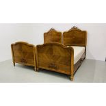 A MATCHED PAIR OF FRENCH SINGLE BEDSTEADS WITH CARVED RIBBON & GARLAND DETAIL COMPLETE WITH