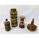 WEST GERMAN POTTERY VASE ALONG WITH THREE WEST GERMAN POTTERY LAMP BASES (WIRING REMOVED)