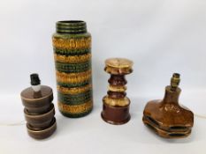 WEST GERMAN POTTERY VASE ALONG WITH THREE WEST GERMAN POTTERY LAMP BASES (WIRING REMOVED)
