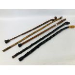 5 X ASSORTED HARDWOOD WALKING STICKS TO INCLUDE ETHNIC CARVED EXAMPLE