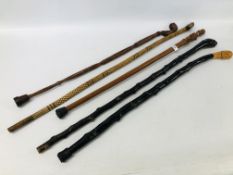 5 X ASSORTED HARDWOOD WALKING STICKS TO INCLUDE ETHNIC CARVED EXAMPLE