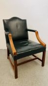 A BOTTLE GREEN LEATHER UPHOLSTERED OPEN ARM CHAIR