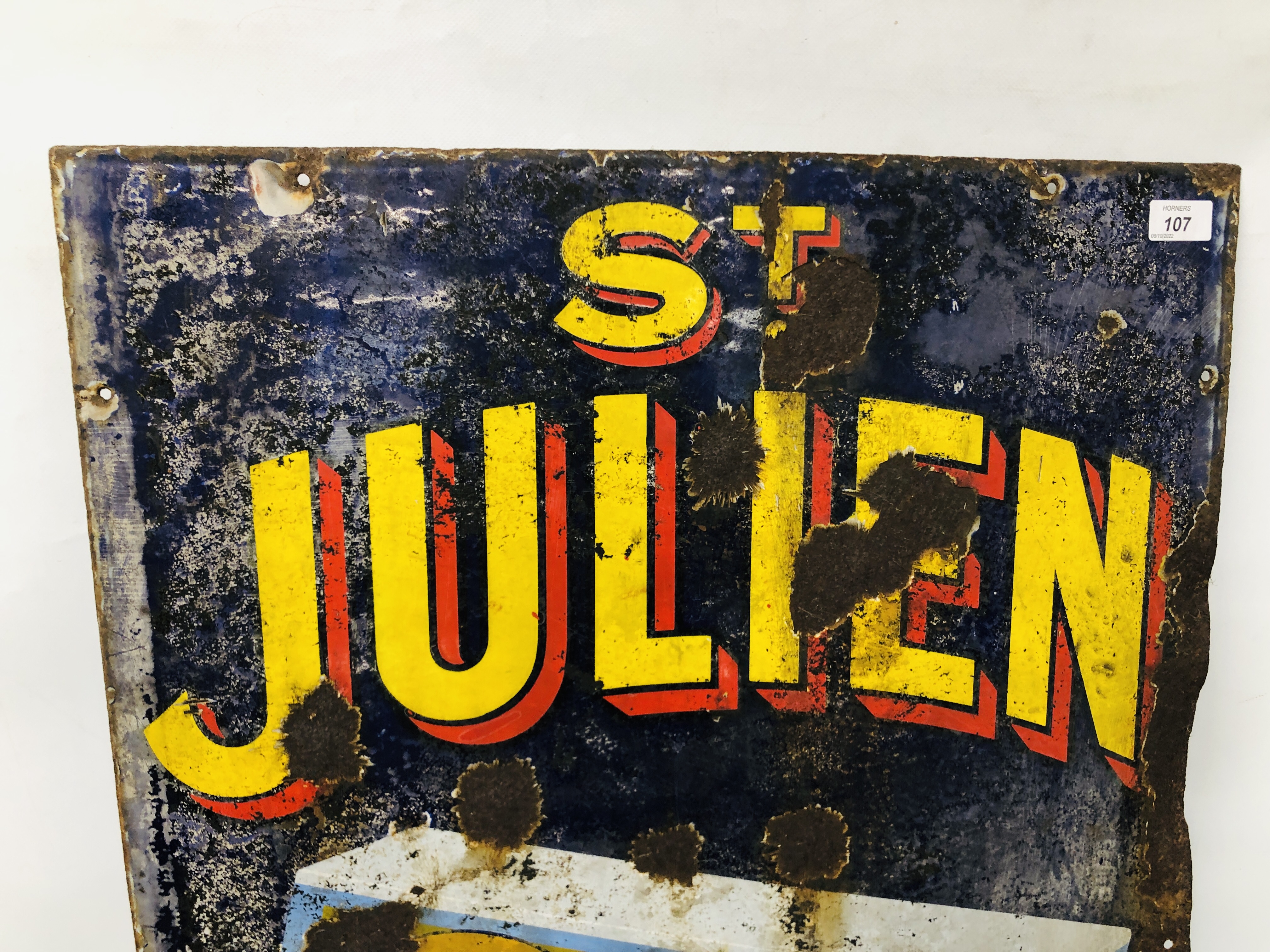 AN ORIGINAL VINTAGE ENAMELLED SIGN "ST JULIEN TOBACCO" W 61CM X H 91CM. - Image 2 of 5