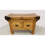 A VINTAGE BEECH WOOD BUTCHERS BLOCK STANDING ON ANTIQUE WAXED PINE TWO DRAWER STAND (THE DRAWERS