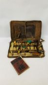 VINTAGE LEATHER BROWN CASE CONTAINING VARIOUS VINTAGE PIANO TUNING TOOLS AND ACCESSORIES + "MICHELS
